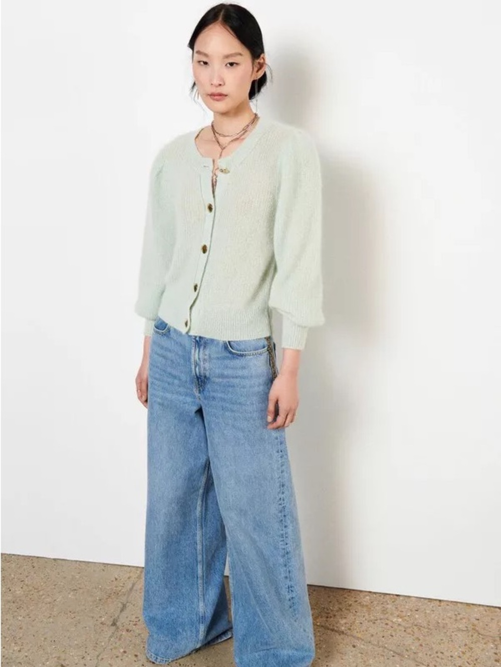 ba&sh Light Mint Puff-Sleeve Button Cardigan